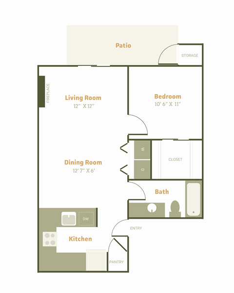 Floor plan for 1 bed, 1 bath, 739 sqft